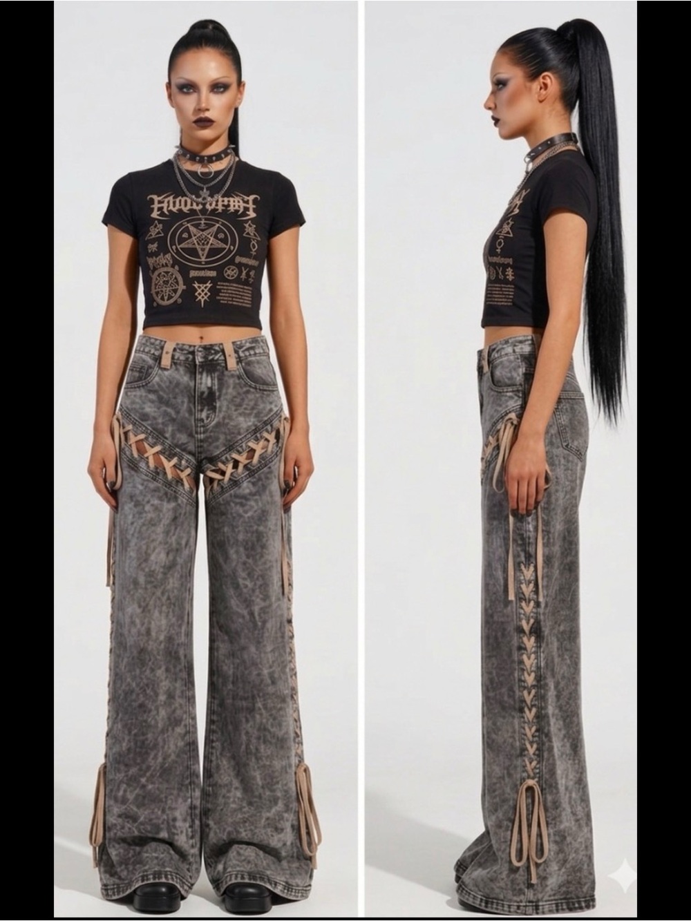 AKIRA LACED WITH STYLE UP CARGO HIGH RISE EDGY Y2K BLACK WASH DENIM JEANS 32/15